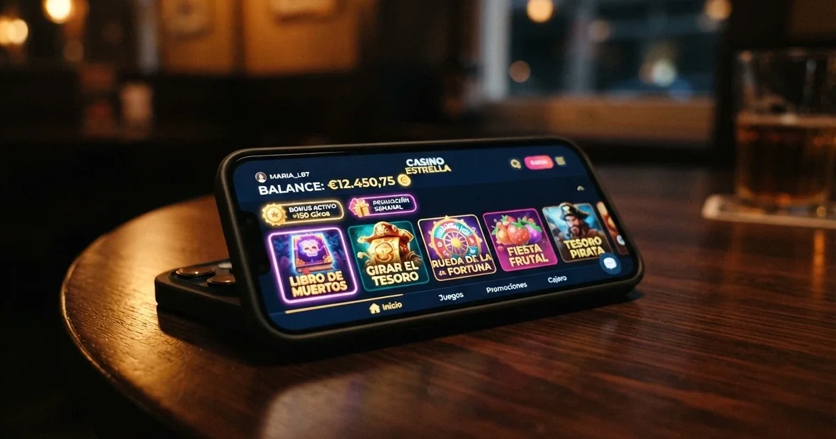 Pantalla de inicio de un casino de criptomonedas mostrando saldo en BTC, bonos activos y un carrusel de slots